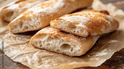 Ciabatta slices on brown paper Fresh tasty baked goods Homemade bread at its finest