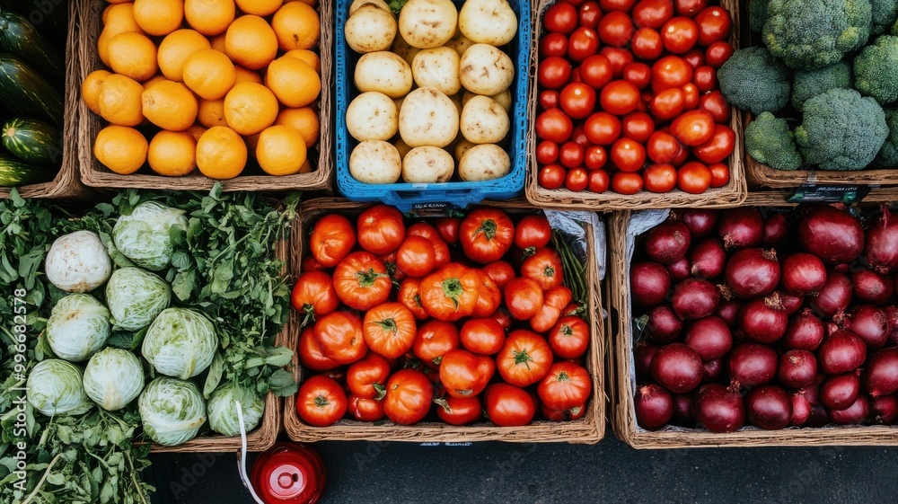 Fresh assorted vegetables and fruits in baskets at a market.