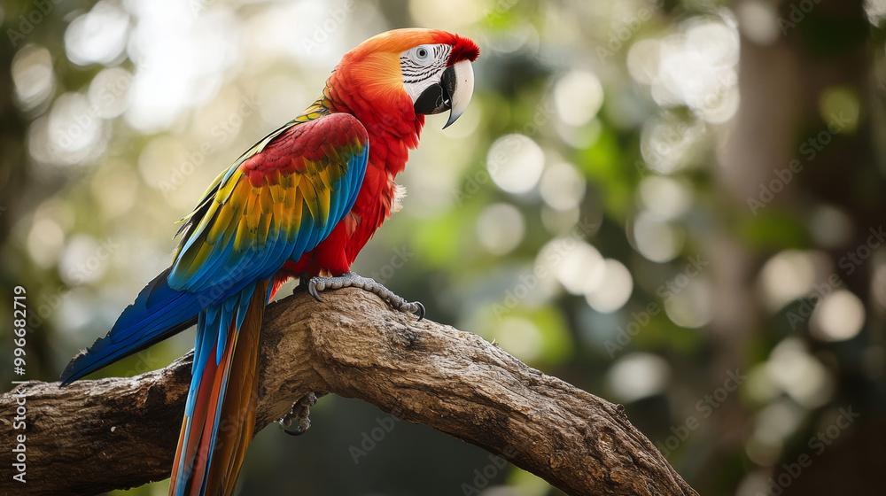 Obraz premium Show a parrot perched on a branch or natural perch, with a focus on its posture and surroundings. Include details like the texture of the bark, surrounding foliage, and the parrots relaxed demeanor.