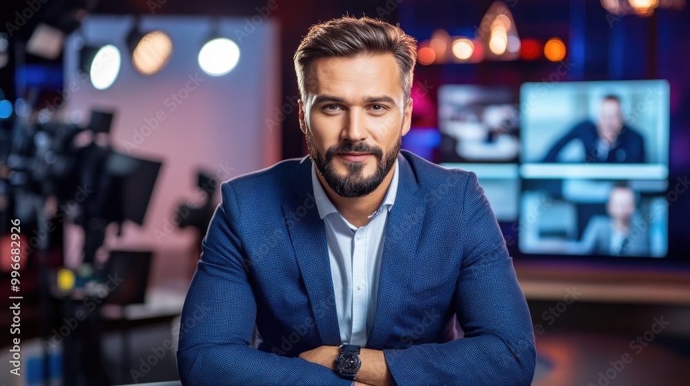 Fototapeta premium Professional male presenter in a suit, exuding confidence in a vibrant studio with television screens in the background.