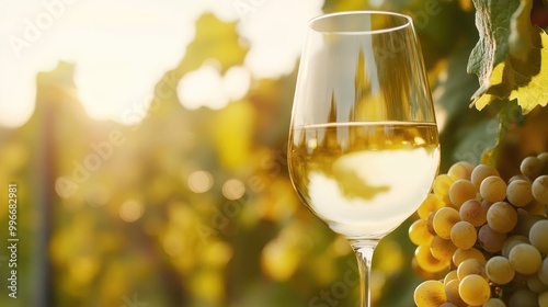 Chic glass of white wine against a blurred backdrop featuring wine grapes in a vineyard setting Stylish wine experience