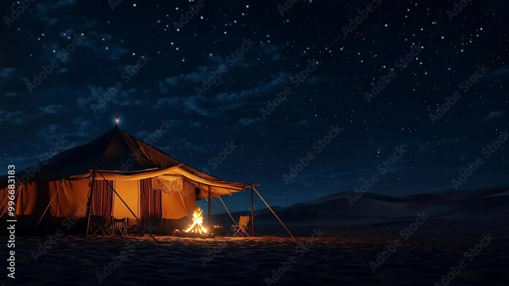 Enjoying a serene desert camping night under a starlit sky with a cozy campfire and a tent. seamless looping animation background Enjoying a serene desert camping night under a starlit sky with a cozy campfire and a tent. seamless looping animation background