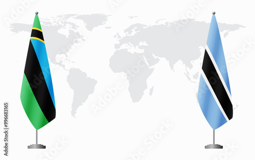 Zanzibar and Botswana flags for official meeting against background of world map.