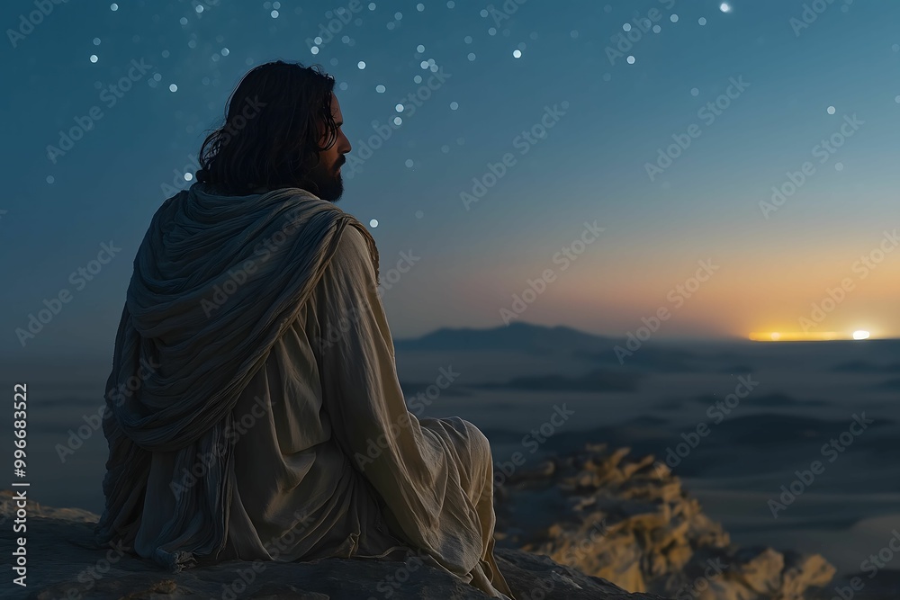 Jesus, sitting on a rock in the wilderness, gazing up at the night sky filled with stars Jesus, sitting on a rock in the wilderness, gazing up at the night sky filled with stars