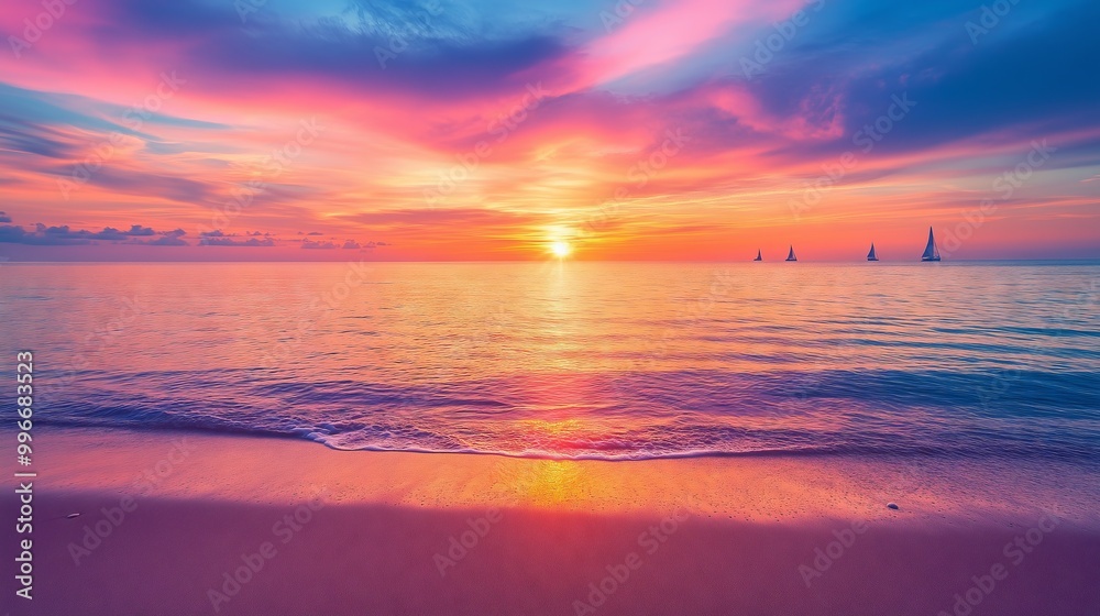 Naklejka premium A stunning sunset paints the sky, mirrored on calm waters with silhouettes of sailboats—pure tranquility.