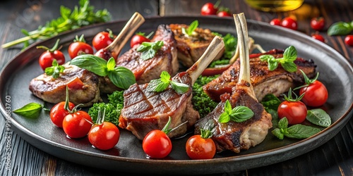 succulent grilled lamb chops with herbs and cherry tomatoes