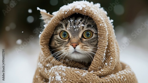 Cat getting ready for winter bundled up in warm woolen clothing