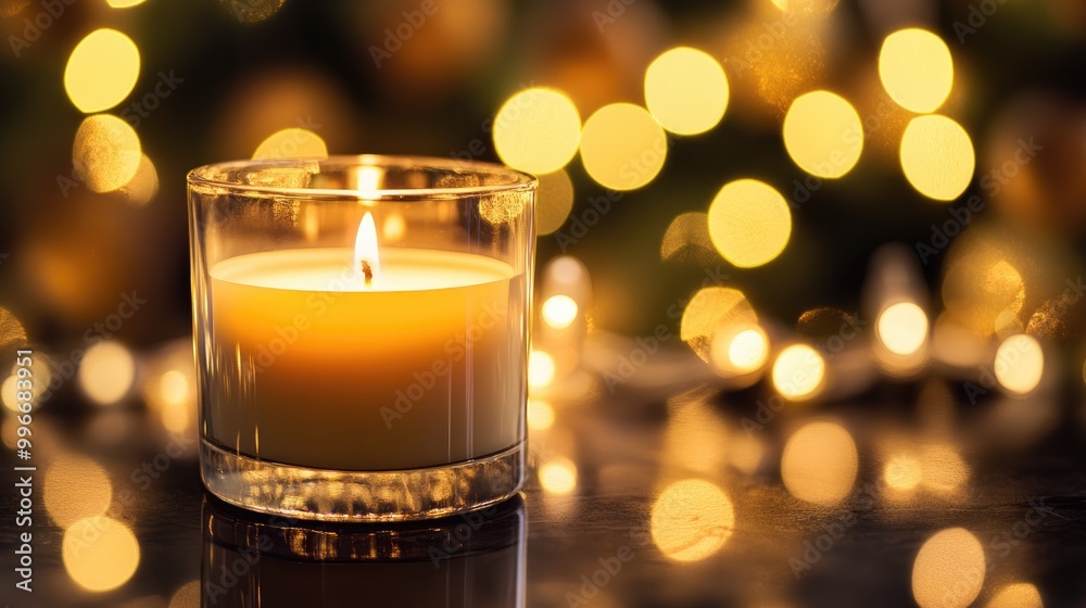 Candle surrounded by warm bokeh lights creating a cozy and festive ambiance for a decorative holiday setting Candle surrounded by warm bokeh lights creating a cozy and festive ambiance for a decorative holiday setting