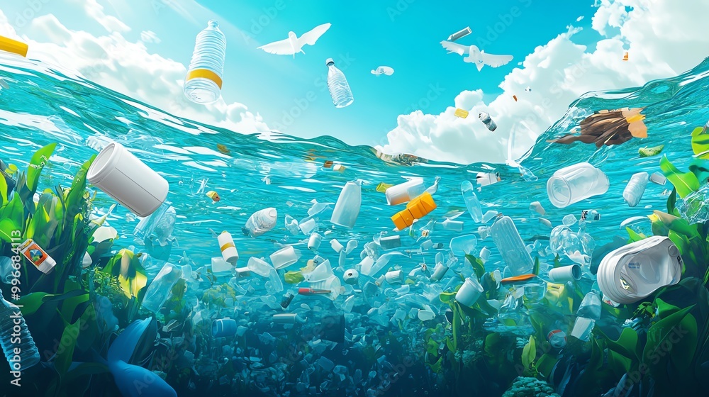 Naklejka premium A vibrant underwater scene showing plastic waste among aquatic plants, highlighting ocean pollution and its environmental impact.