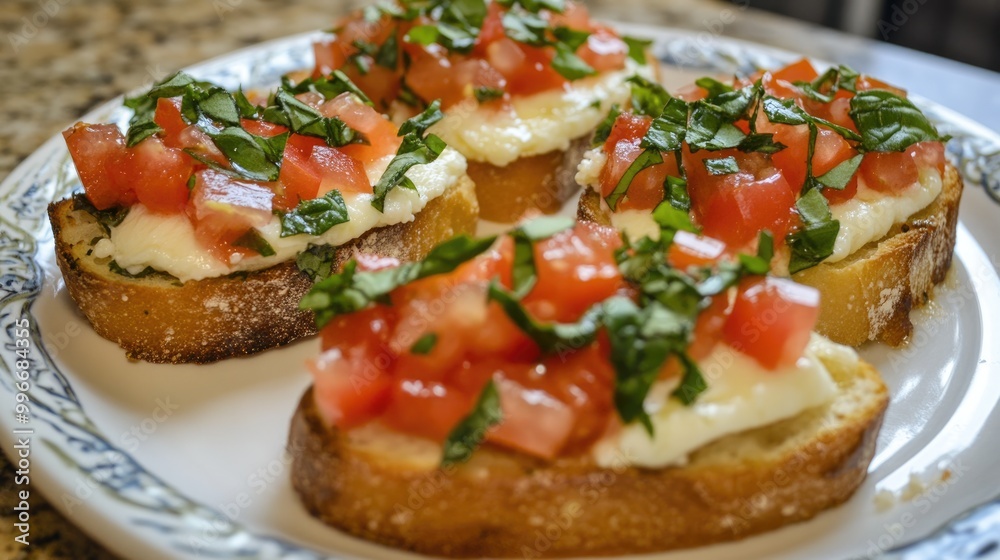 Bruschetta topped with fresh tomatoes mozzarella cheese and basil Bruschetta topped with fresh tomatoes mozzarella cheese and basil