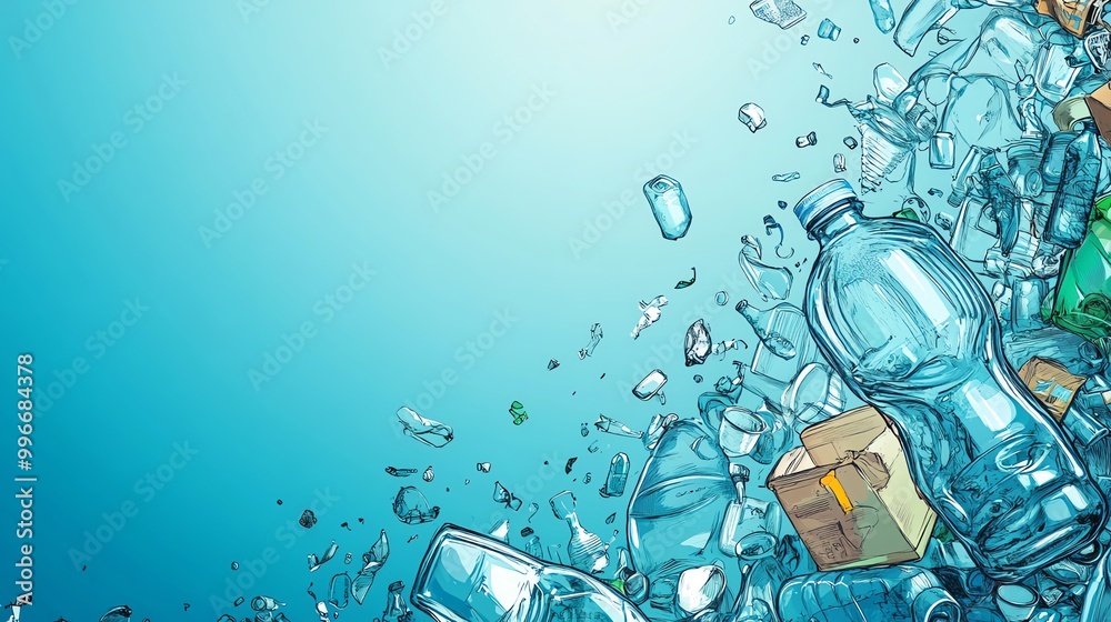 An artistic composition of floating plastic bottles and debris in clear blue water, emphasizing environmental awareness and pollution. An artistic composition of floating plastic bottles and debris in clear blue water, emphasizing environmental awareness and pollution.