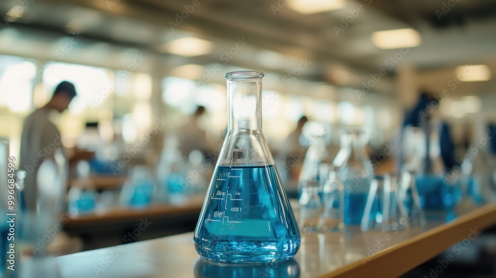 A laboratory filled with blue liquid in flasks, indicating scientific experimentation. A laboratory filled with blue liquid in flasks, indicating scientific experimentation.