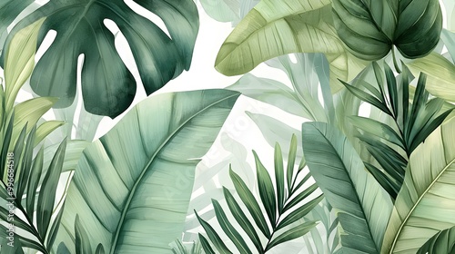 Wild jungle plants in watercolor, with large leaves and bold green shades photo