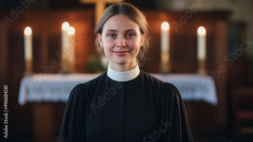 Young Female Anglican Clergyman Smiling Gracefully in Church Setting with Lit Candles photo