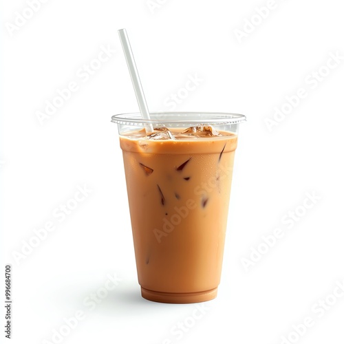 Iced coffee in a plastic cup with a straw, white isolate background