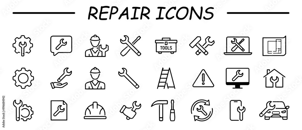 Set of icons related to repair, maintenance, construction. Line icon collection. Vector illustration Set of icons related to repair, maintenance, construction. Line icon collection. Vector illustration