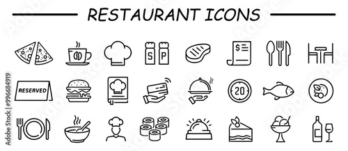 Restaurant icon set. Restaurant business icon concept, containing server, meal, cooking, menu, restaurant, fast food and dinner icons. Line icon collection.