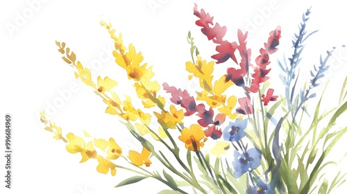 Fototapeta Naklejka Na Ścianę i Meble -  Wildflower bouquet in watercolor with bright yellows, reds, and blues