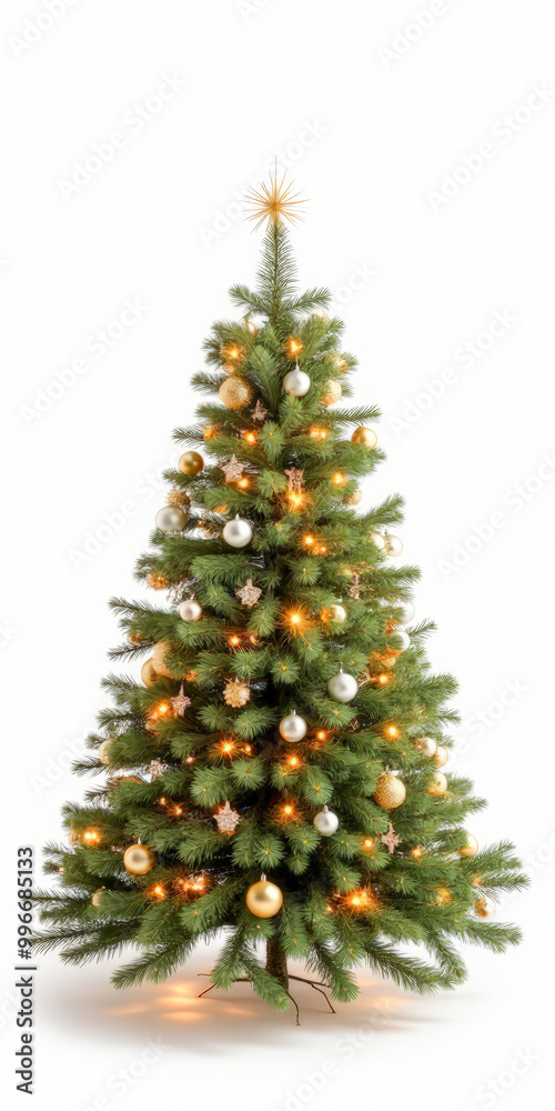 Fototapeta premium Christmas tree with decorations on a white background isolated