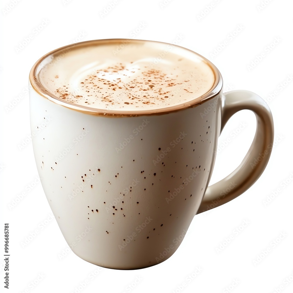 Fototapeta premium A hot cup of coffee with foam on top in a ceramic mug, white isolated background.
