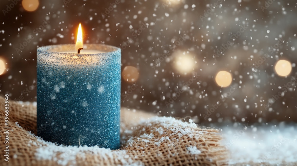 Blue candle on burlap background Christmas decoration with falling snow Blurred effect Aerial perspective with ample copy space Blue candle on burlap background Christmas decoration with falling snow Blurred effect Aerial perspective with ample copy space