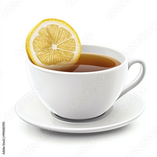 A cup of tea with a slice of lemon on a white background.