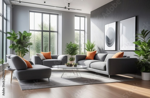 Living room with couch, table, plantfilled windows in a spacious house