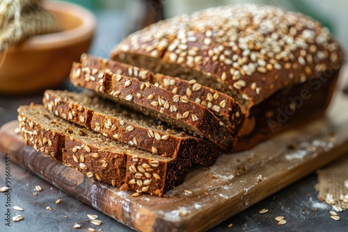 A loaf of bread with seeds on top is sliced and placed on a wooden cutting board