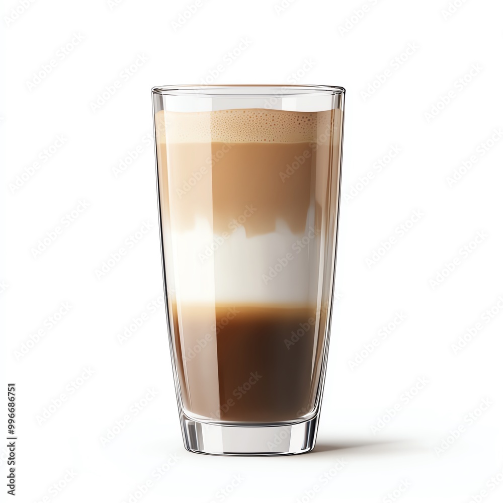 Layered latte in a clear glass showcasing coffee and milk separation on a white background. Layered latte in a clear glass showcasing coffee and milk separation on a white background.