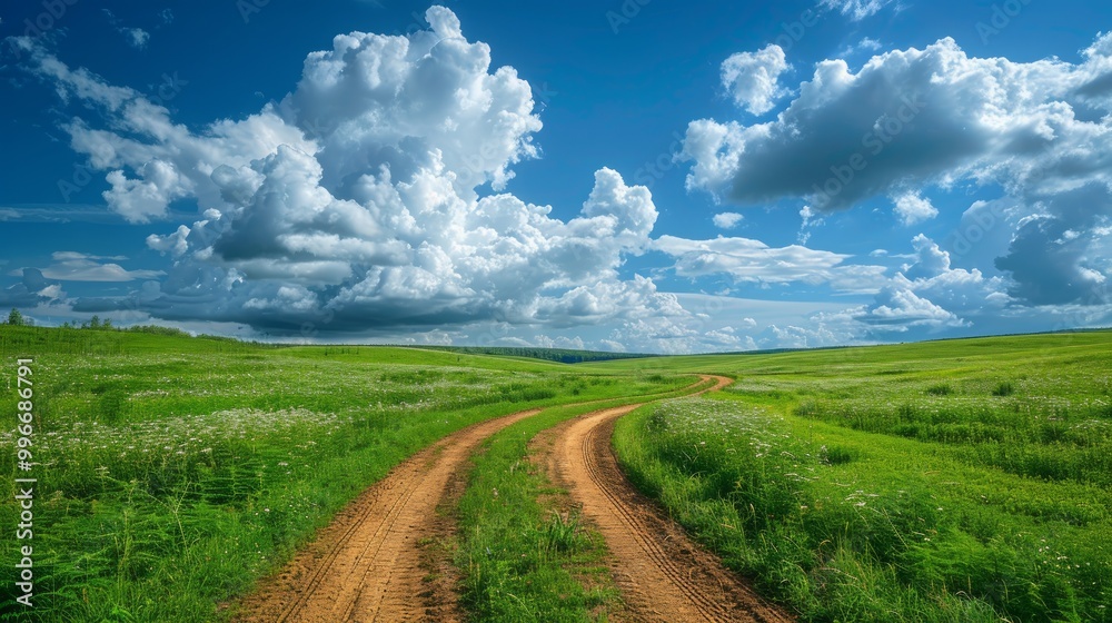 Summer landscape with green grass, road and clouds Summer landscape with green grass, road and clouds