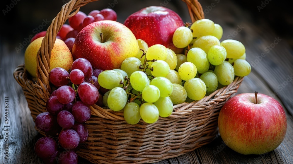 Basket filled with an assortment of ripe fresh grapes and apples Basket filled with an assortment of ripe fresh grapes and apples