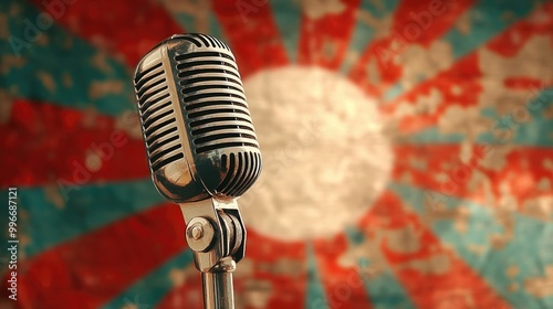 A retro microphone in front of a lively colorful sunburst backdrop ideal for themes related to music and entertainment photo