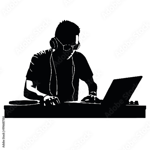 DJ Guy Silhouette Vector Illustration Transparent Background