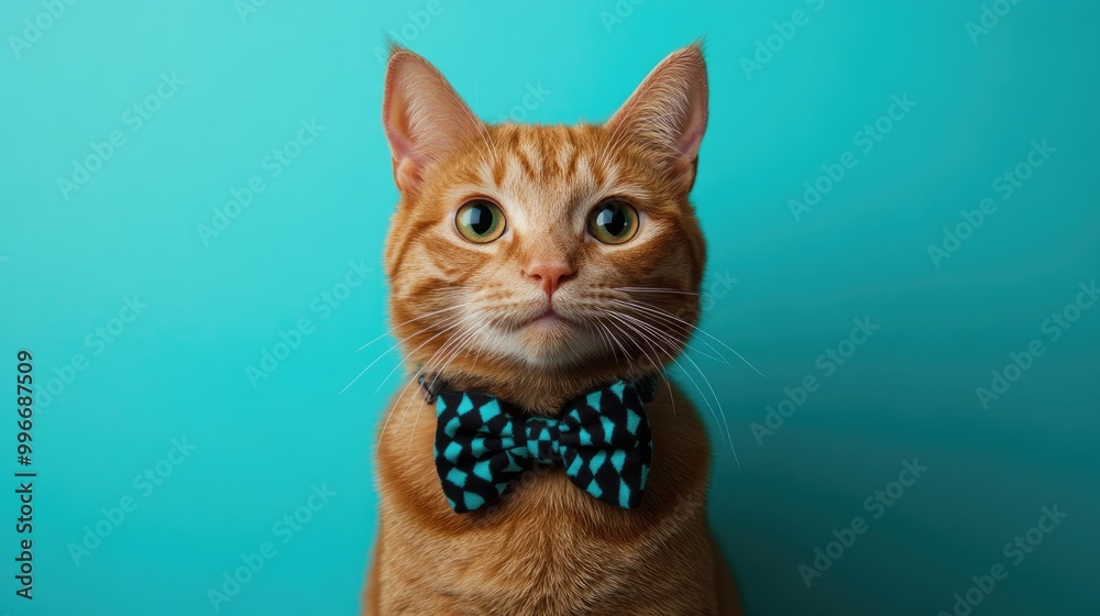 A charming red cat wearing a bow tie poses against a turquoise backdrop A charming red cat wearing a bow tie poses against a turquoise backdrop