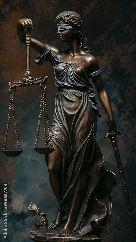 Justice and judicial concept. Lady Justice with scales and sword on a dark background with copy space. vertical. Justice and judicial concept Justice and judicial concept. Lady Justice with scales and sword on a dark background with copy space. vertical. Justice and judicial concept