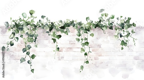 Watercolor ivy climbing up a soft brick wall in gentle greens photo