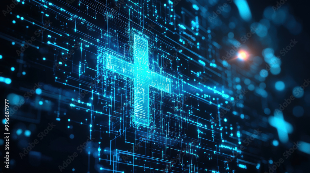 Digital healthcare technology is represented by glowing blue cross, symbolizing telemedicine and virtual healthcare solutions. This image captures essence of modern medical advancements Digital healthcare technology is represented by glowing blue cross, symbolizing telemedicine and virtual healthcare solutions. This image captures essence of modern medical advancements