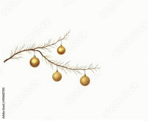 golden branch with Christmas balls on a white background, minimalism