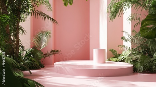 Wallpaper Mural Abstract composition featuring a podium in a soft pink room designed for product presentation complemented by a jungle of trees Torontodigital.ca