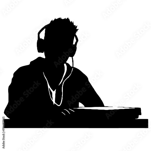 DJ Guy with Mixing Console Silhouette Vector Illustration