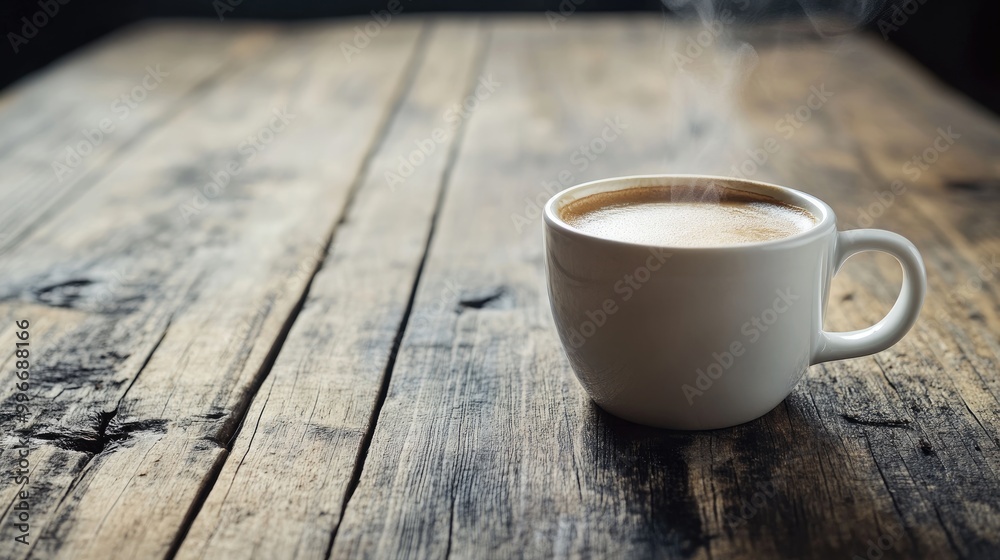 A steaming cup of coffee creates a serene morning atmosphere on a weathered wooden table A steaming cup of coffee creates a serene morning atmosphere on a weathered wooden table