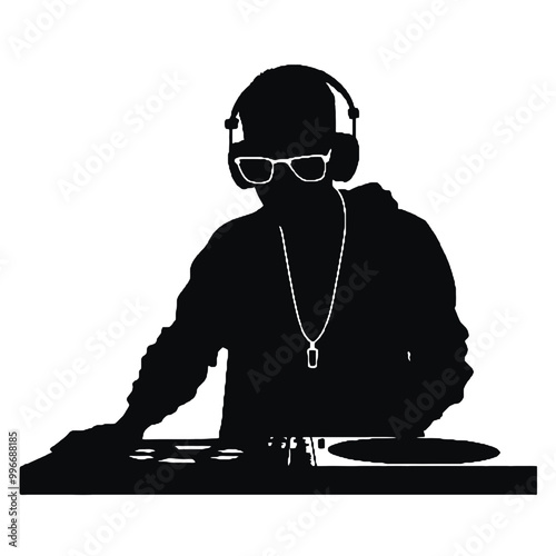 DJ Guy with Mixing Console Silhouette Vector Illustration