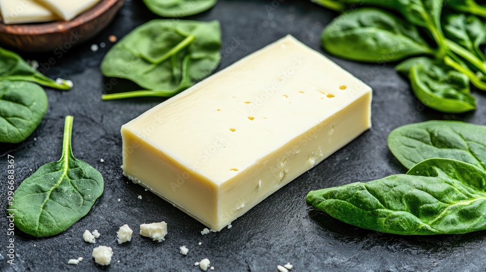 A table displaying a slice of white cheese alongside fresh green spinach leaves A table displaying a slice of white cheese alongside fresh green spinach leaves