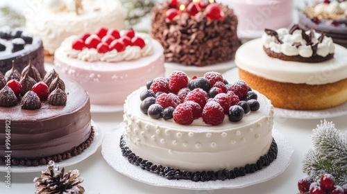 Assorted cakes on a white background featuring themes of celebration and festive seasons photo