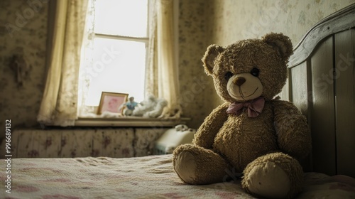 A charming teddy bear in a vacant children s bedroom photo