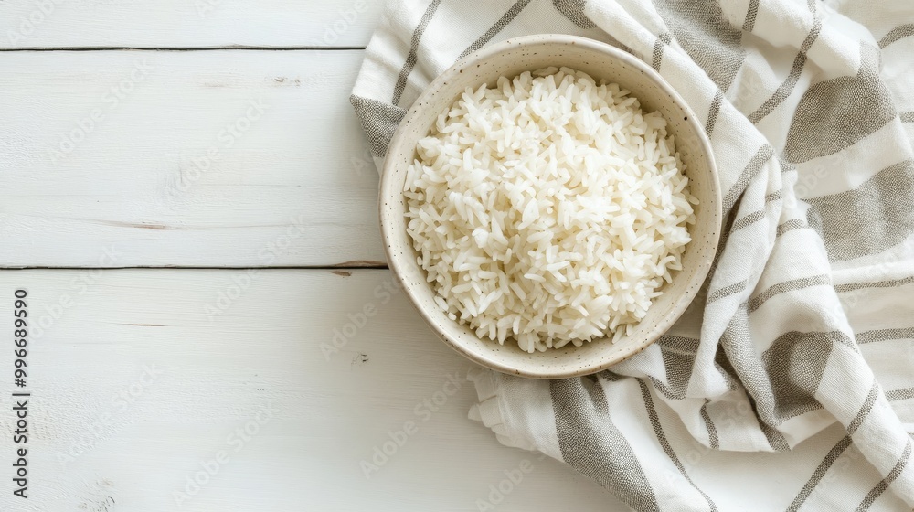 A bowl of Northeast rice is displayed alongside a linen towel on a pristine white wooden surface providing ample space for adding text or messages A bowl of Northeast rice is displayed alongside a linen towel on a pristine white wooden surface providing ample space for adding text or messages