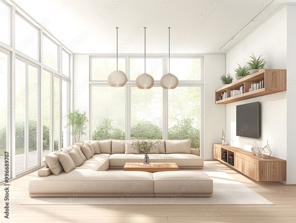 Bright and airy contemporary living area featuring a large U shaped sectional sofa minimalist wooden media console and shelving statement pendant lighting Bright and airy contemporary living area featuring a large U shaped sectional sofa minimalist wooden media console and shelving statement pendant lighting