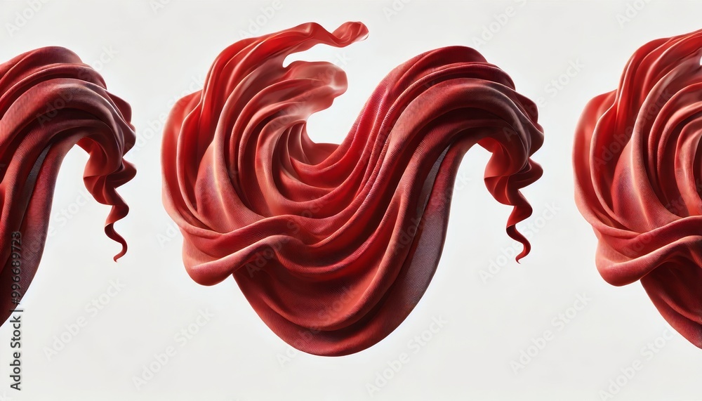 Swirling red fabric creates dynamic, flowing shapes against a white background, forming a bold and artistic abstract composition. Swirling red fabric creates dynamic, flowing shapes against a white background, forming a bold and artistic abstract composition.