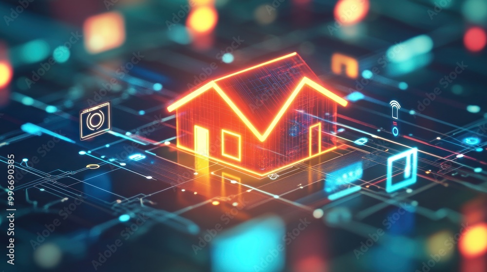 Fototapeta premium A digital house icon surrounded by technology symbols, representing smart home concepts.
