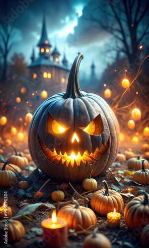 Chilling Halloween Pumpkin Head With Sinsiter Smile and a eerie glow of Light in the background, Graphic Resource for Spooky halloween background posters and halloween parties photo